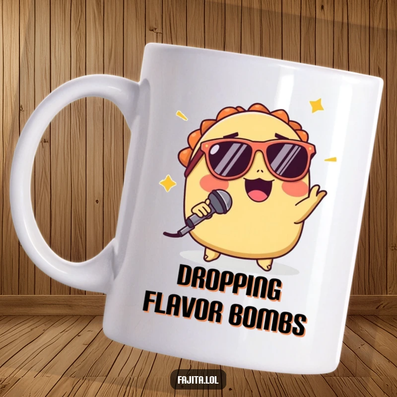 Funny mug featuring a winking taco wearing sunglasses, dramatically dropping a microphone, exuding ultimate cool and confidence.