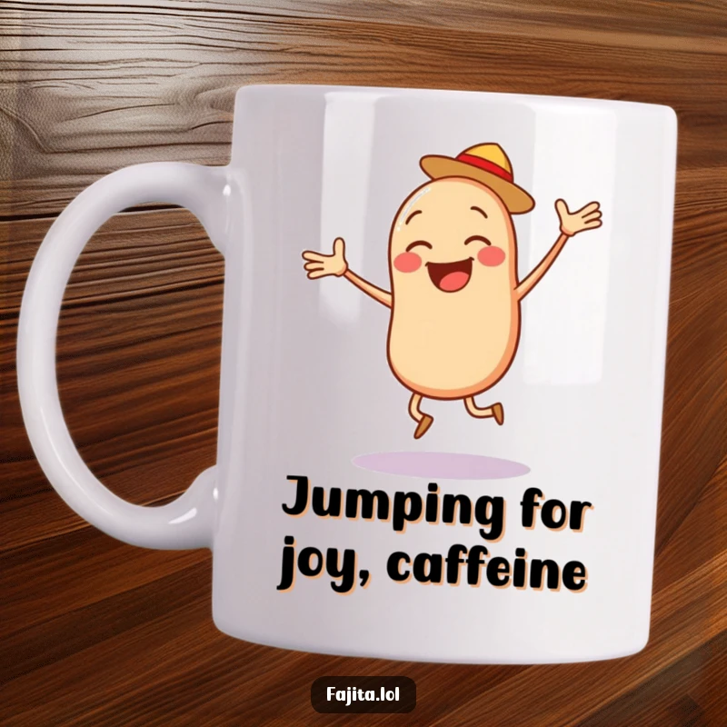 Funny Bean Salsa Mug, a joyful cartoon bean character doing a jumping jack next to salsa, embodying energetic fun.