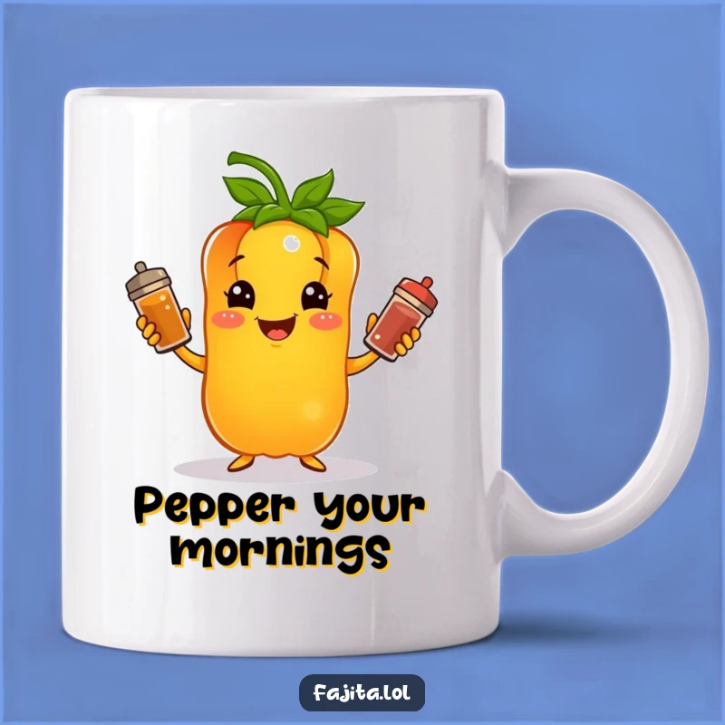 Spice up your morning coffee with this cheerful bell pepper juggling spices mug. It’s a fun way to add flavor and humor to your day.