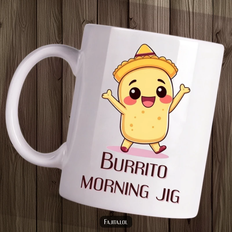 Funny mug featuring a smiling burrito wearing a tiny sombrero, energetically salsa dancing with pure joy.