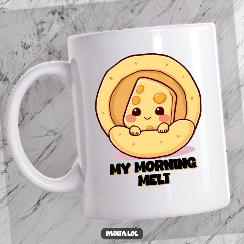 Funny shy cheese slice character peeking from a steaming tortilla on a mug, a cute and humorous culinary delight.