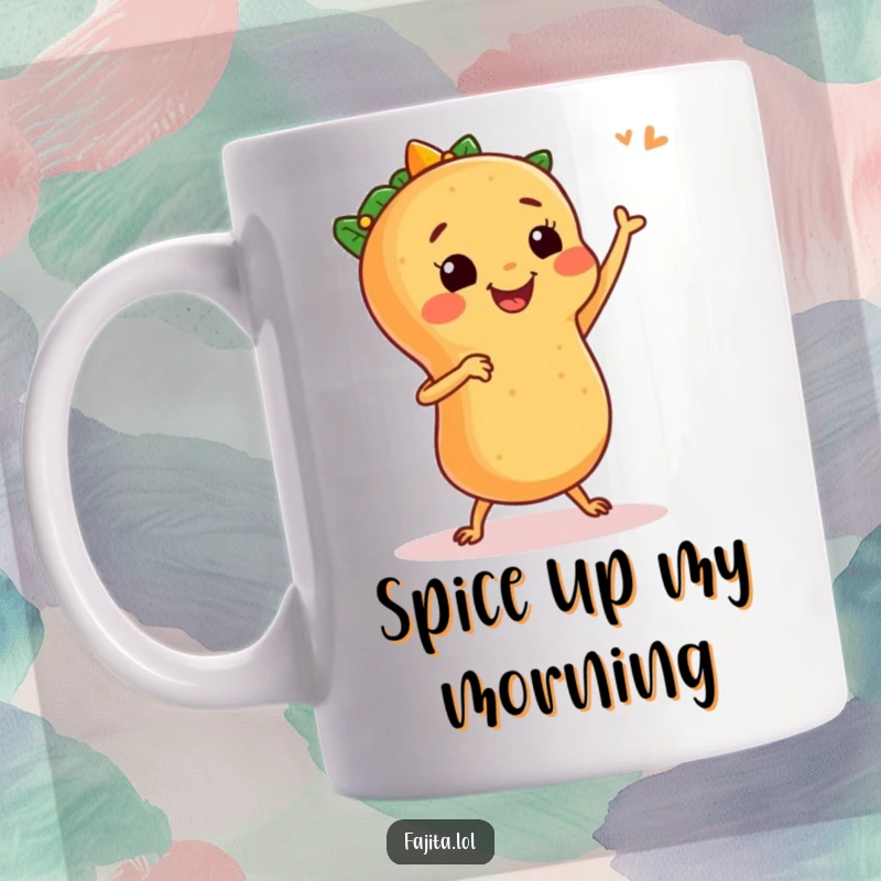 Funny mug featuring a smiling, anthropomorphic fajita with tiny legs performing a lively salsa dance, radiating pure celebratory joy.