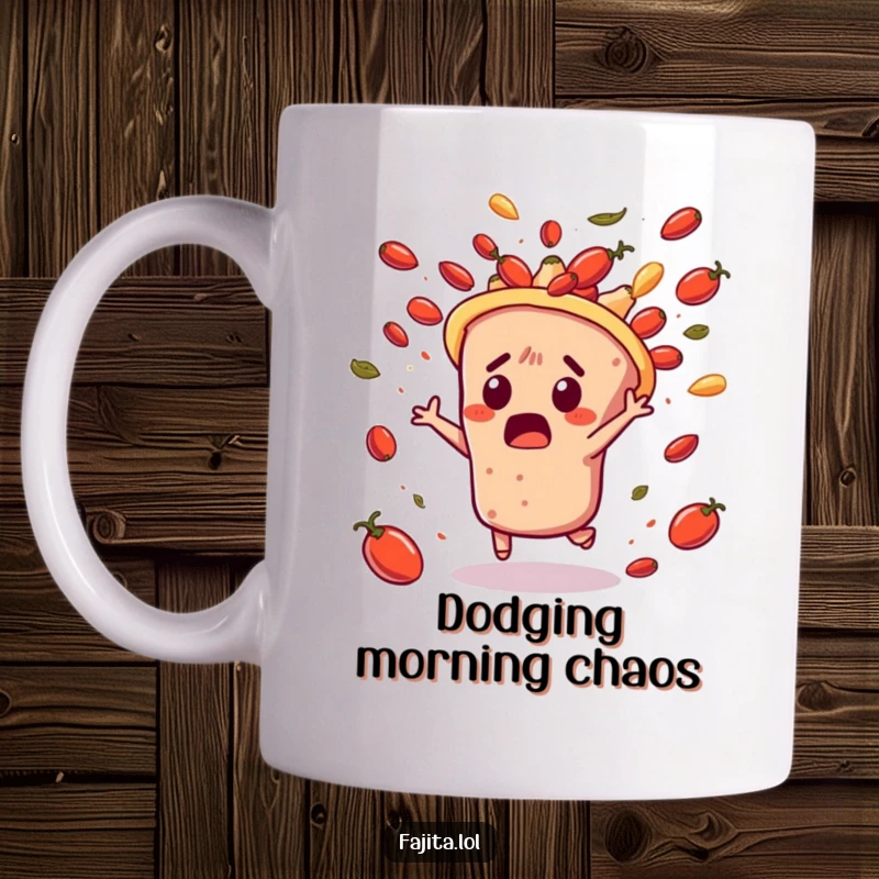 Funny mug showing a surprised fajita character comically dodging a flying cascade of salsa, capturing a moment of hilarious, saucy chaos.