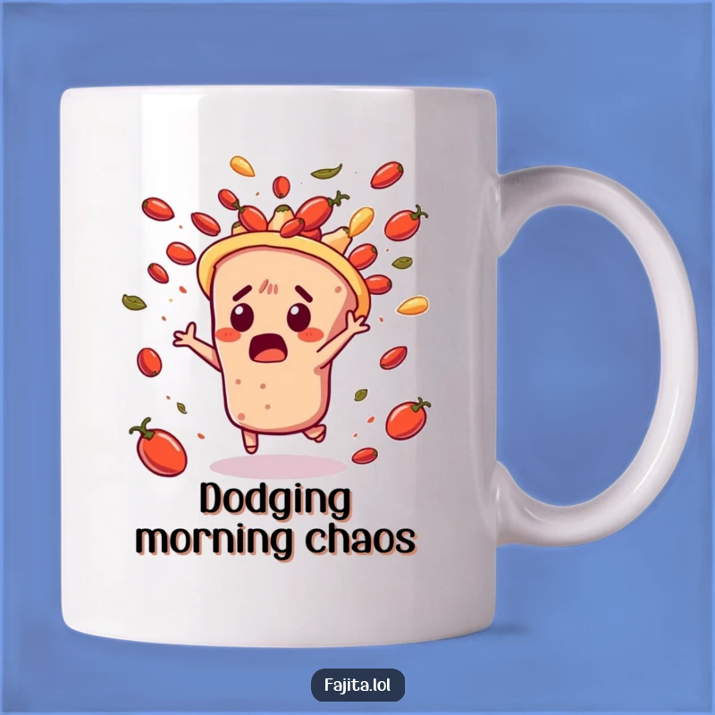 Start your day with a jolt of laughter with this funny mug featuring a fajita dodging salsa! It’s a hilarious depiction of unexpected chaos.