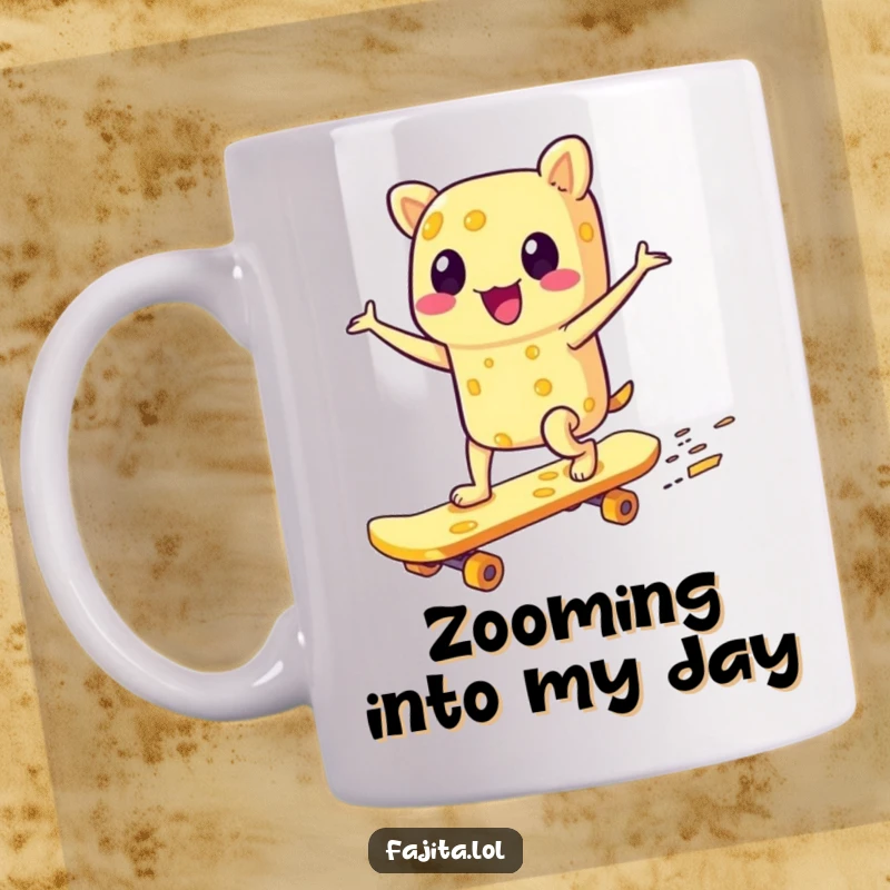 Funny mug showing a gleeful fajita character expertly riding a skateboard made entirely of cheese, capturing a moment of pure, cheesy joy.