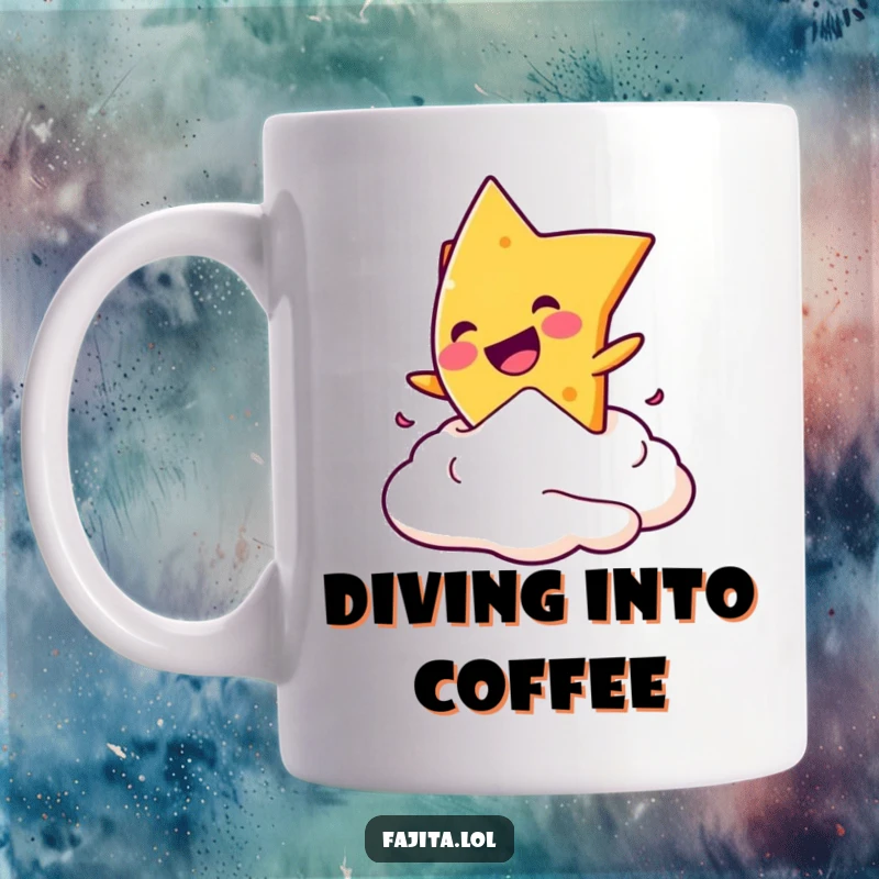 Funny mug featuring a mischievous nacho chip doing a playful dive into a dollop of sour cream.