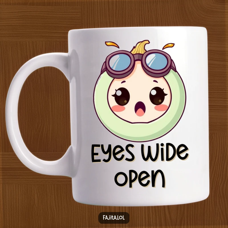Funny mug featuring a surprised onion ring character wearing oversized, goofy goggles, expressing comical bewilderment.