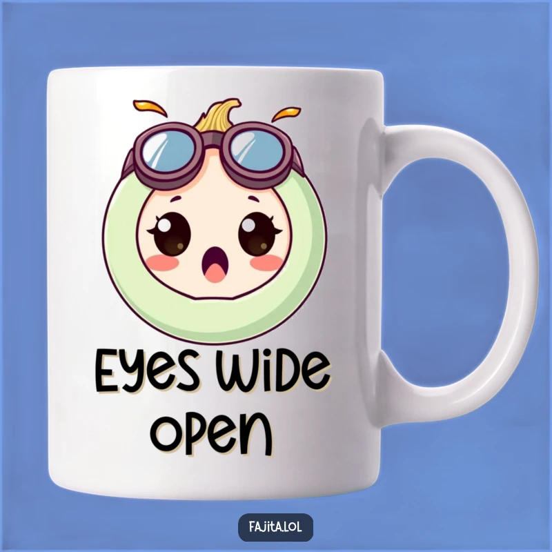Start your day with a shock of humor with this funny onion ring mug! Those goggles are seriously goofy.