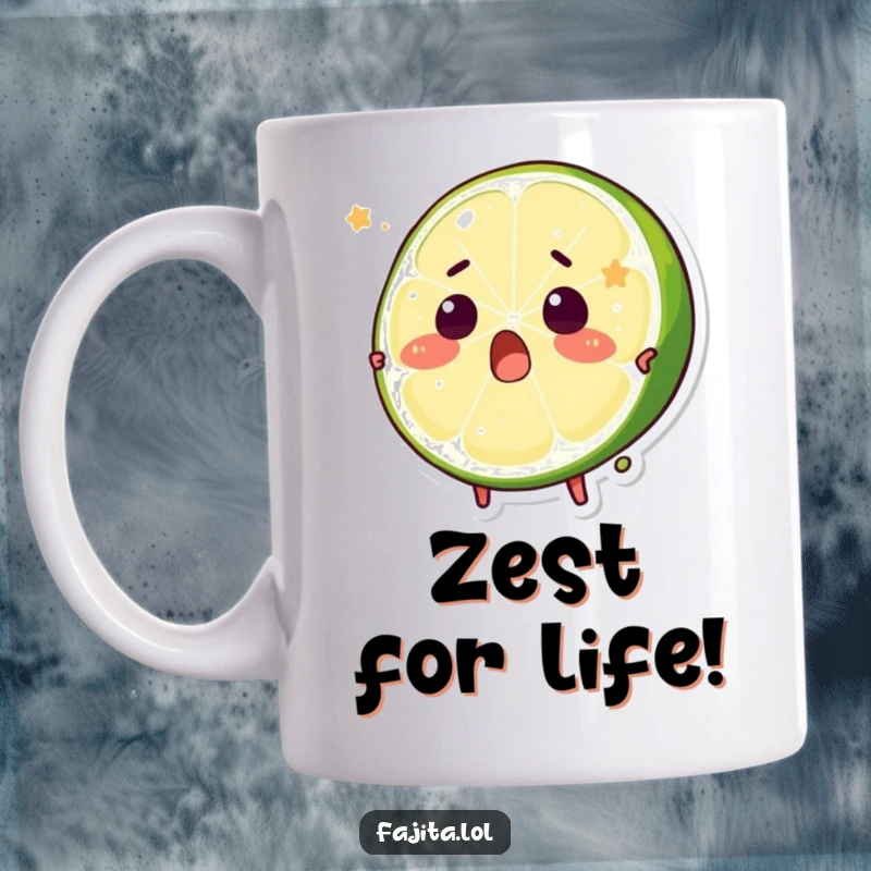 Funny mug showing a lime wedge character with a surprised expression being playfully squeezed, full of citrusy shock.