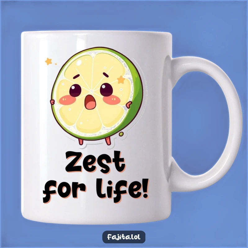 This mug captures a surprised lime wedge character getting playfully squeezed. A funny and zesty addition to your morning routine.