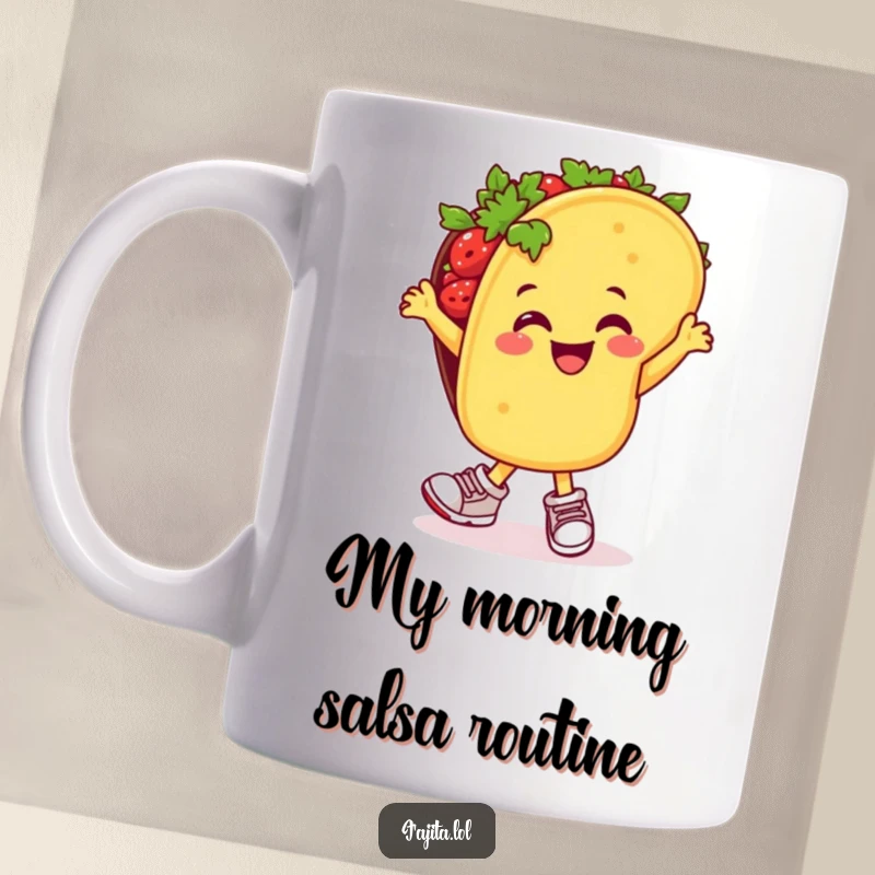 Funny mug featuring a cheerful taco in tiny sneakers, energetically salsa dancing with pure joy and zest.