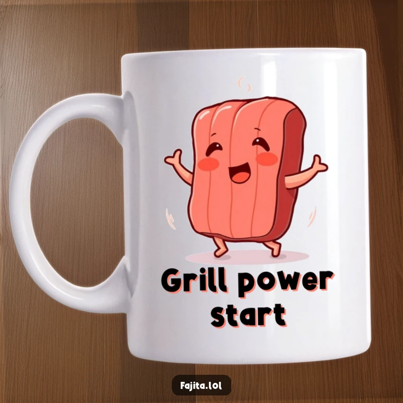 Funny mug featuring a smiling strip of grilled meat dancing and shimmying with pure excitement and delicious anticipation.