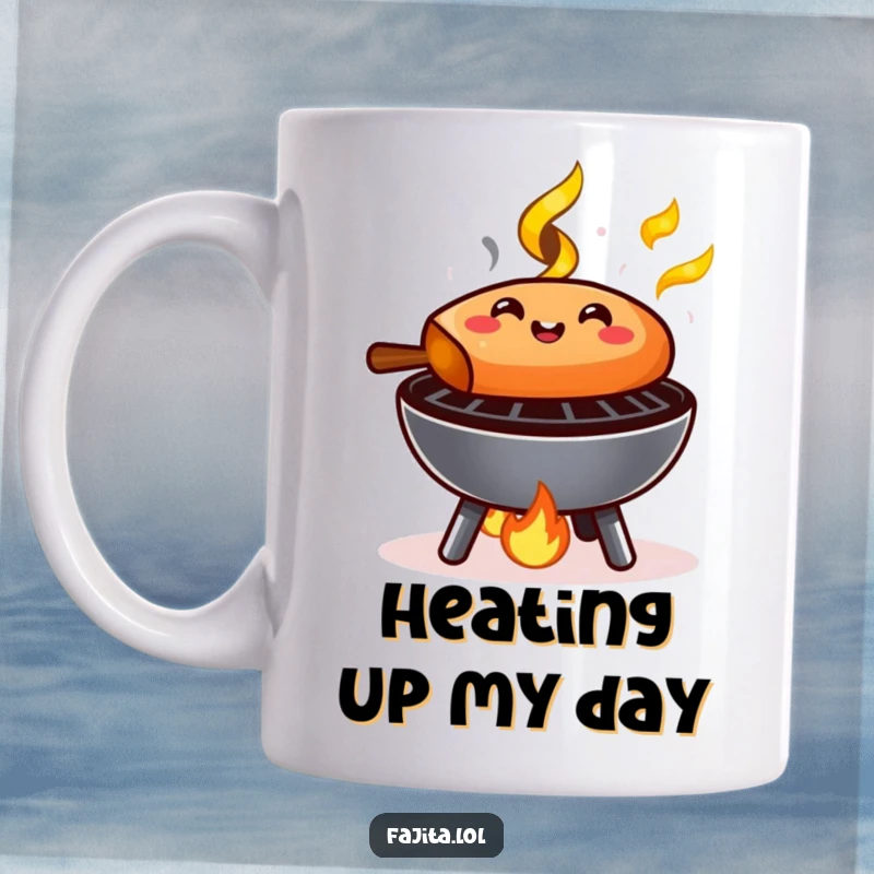 Funny Fajita Mug: A cartoon fajita sizzling happily on a miniature grill with tiny, cheerful flames, radiating warmth.