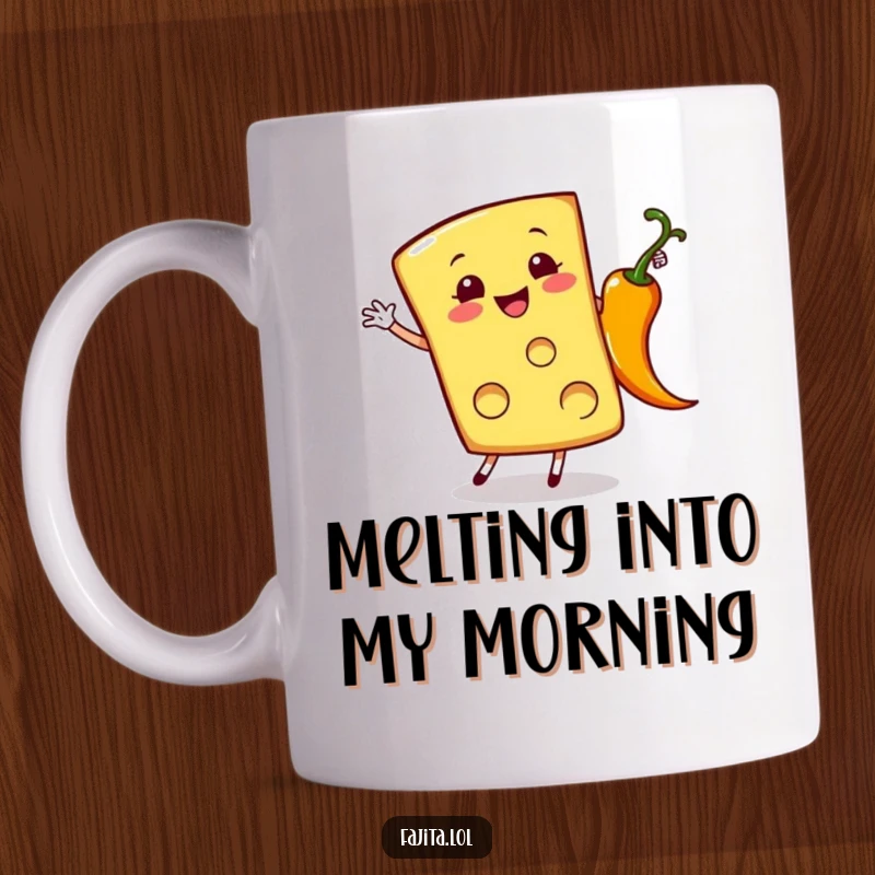 Funny mug featuring a cheerful cheese slice performing a cartwheel next to a sizzling pepper, radiating pure zest.