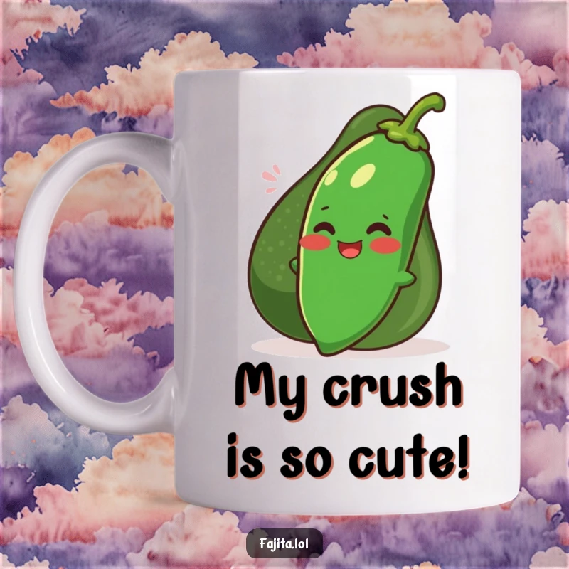 Funny jalapeno character blushing and giggling while hiding behind a giant, smiling avocado on a mug, a perfect humorous gift.