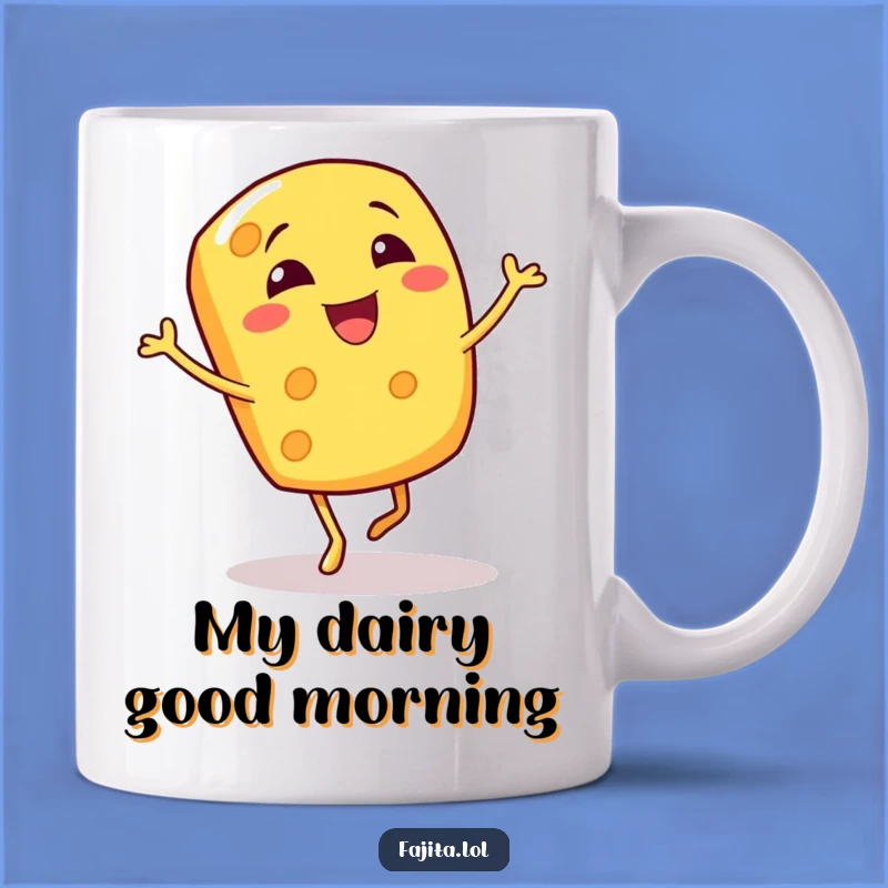 This mug features a giggling cheese shred doing a bouncy jig. It's a hilarious way to start your day or enjoy a warm beverage.