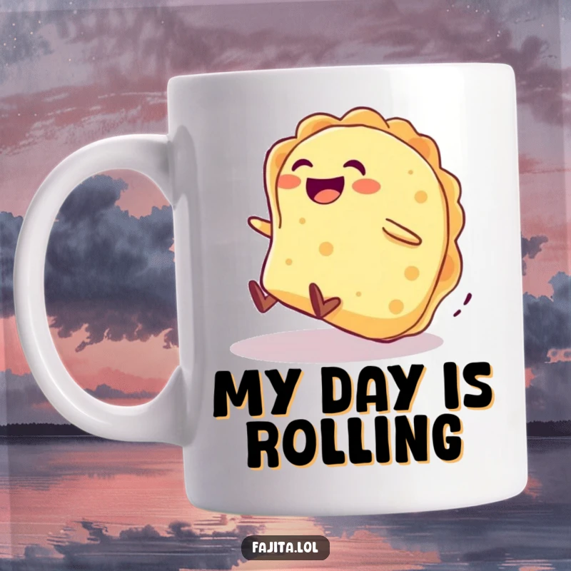 Funny mug shows a giggling tortilla character gleefully rolling down a hill, embodying pure food-related delight.