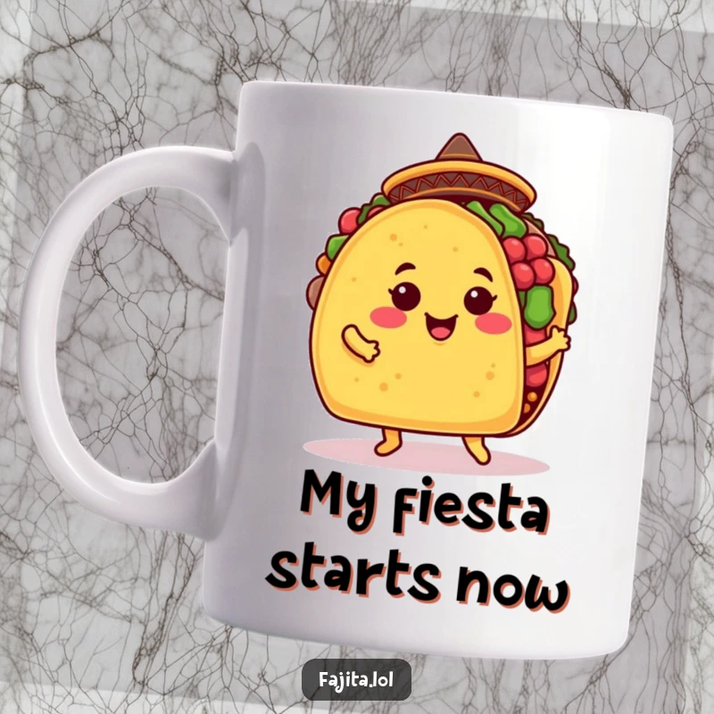 Funny taco mug featuring a smiling taco shell in a tiny sombrero doing a joyful jig, spreading laughter and delicious vibes.