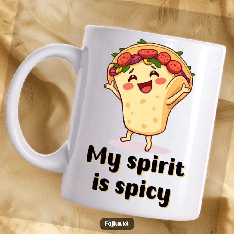 Funny mug shows a smiling fajita in a tortilla dancing salsa with joyful energy, bringing delicious Mexican food humor to life.