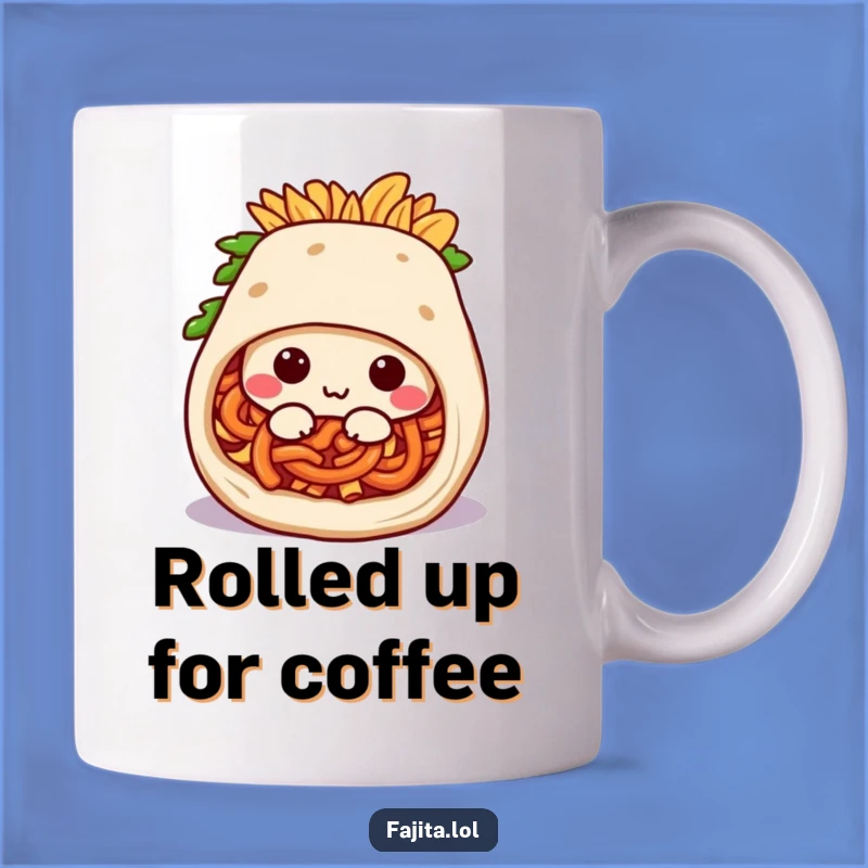 Roll into comfort with your morning brew! This funny mug features a burrito embracing its cozy side, perfect for relaxation.