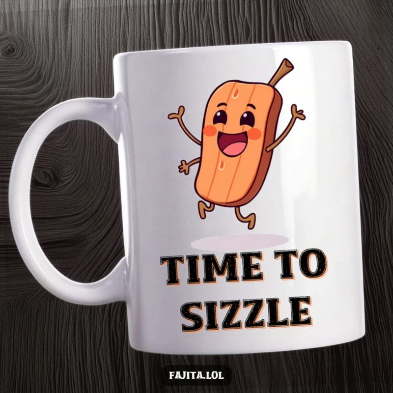 Funny mug showcasing an excited piece of grilled meat character joyfully performing a happy skip, radiating delicious energy.