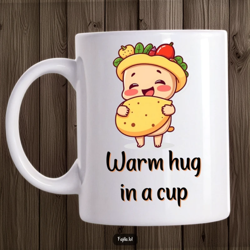 Funny mug showing a cheerful fajita character giving a large, warm hug to a friendly tortilla, symbolizing delicious comfort and friendship.