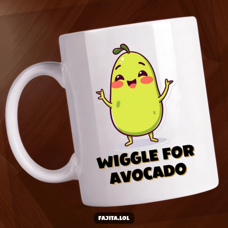 Funny Mug featuring a cheerful guacamole character performing a joyful wiggle dance, radiating pure happiness and delicious fun.