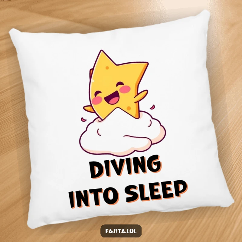 Funny pillow featuring a mischievous nacho chip caught mid-dive into a dollop of sour cream for a playful feel.