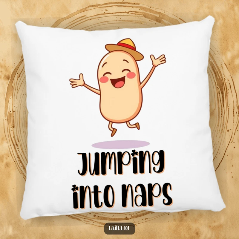 Funny Bean Salsa Pillow, a cozy cushion with a jumping bean character and salsa, perfect for energetic comfort.