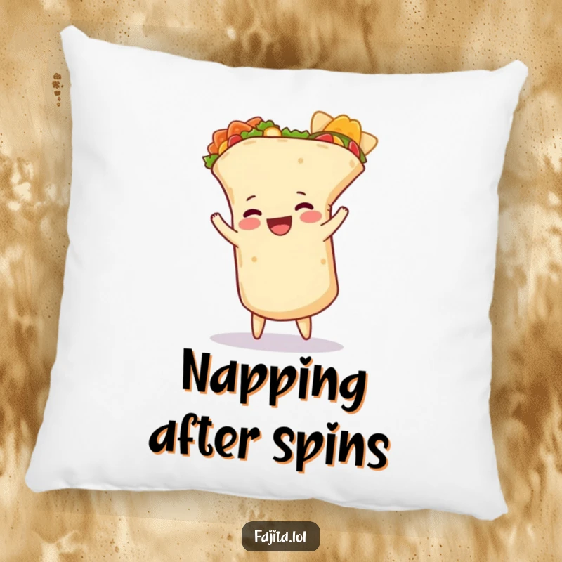 Funny burrito pillow featuring a happy burrito doing a cartwheel, its tortilla slightly unfurled, offering humorous comfort.