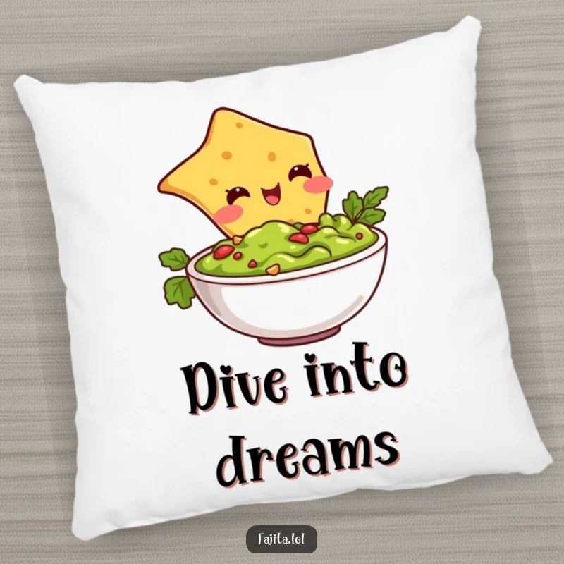 Funny pillow featuring a happy tortilla chip character in mid-dive into a guacamole bowl, offering cozy, humorous decor.