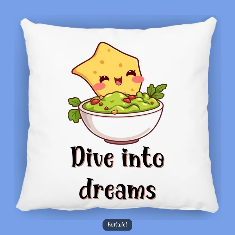 Rest your head on a pile of pure joy with this funny tortilla chip diving into guacamole pillow. Comfy, cute, and comical!