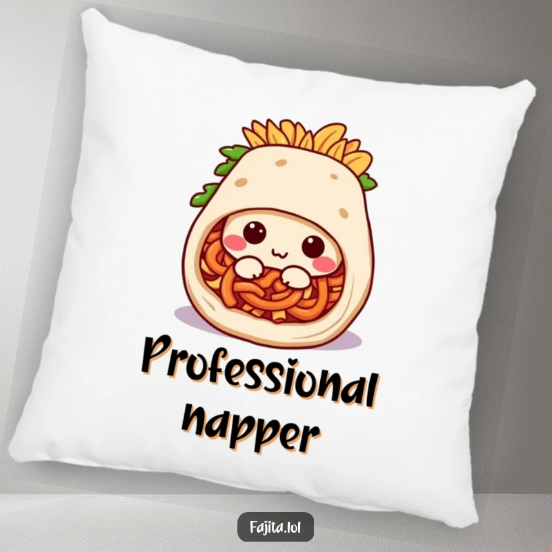 Funny pillow featuring a happy fajita burrito character rolling into a snug position, adding a humorous touch to relaxation.