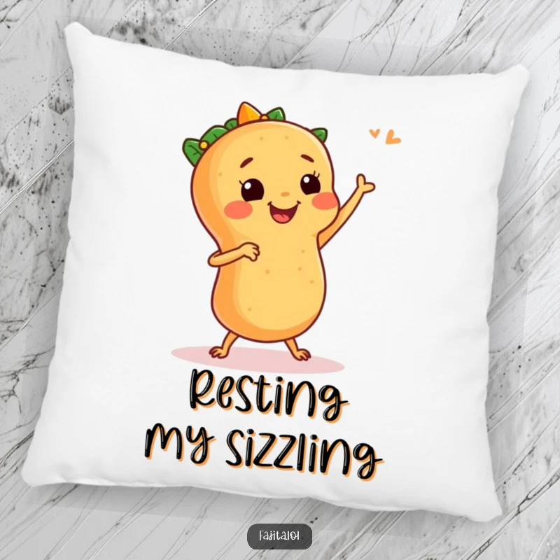 Funny pillow featuring a smiling fajita with tiny legs doing a celebratory salsa dance, adding a touch of cozy fiesta fun.