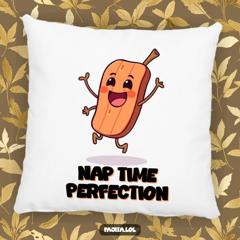 Funny pillow showcasing an excited grilled meat character in a happy skip pose, perfect for cozying up.