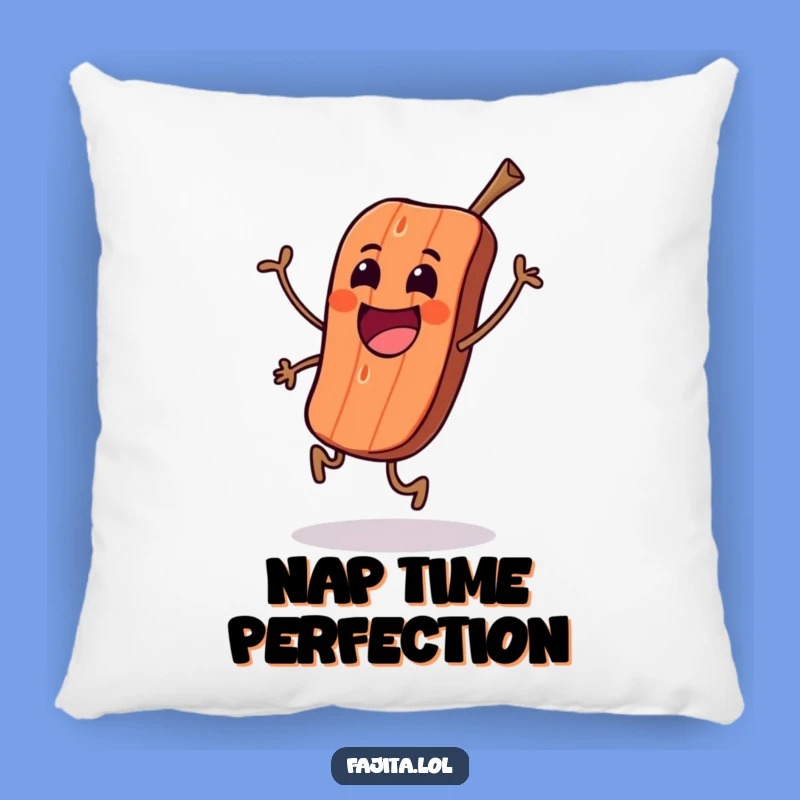 Add a touch of humor to your seating with this funny pillow featuring an excited piece of grilled meat doing a happy skip.