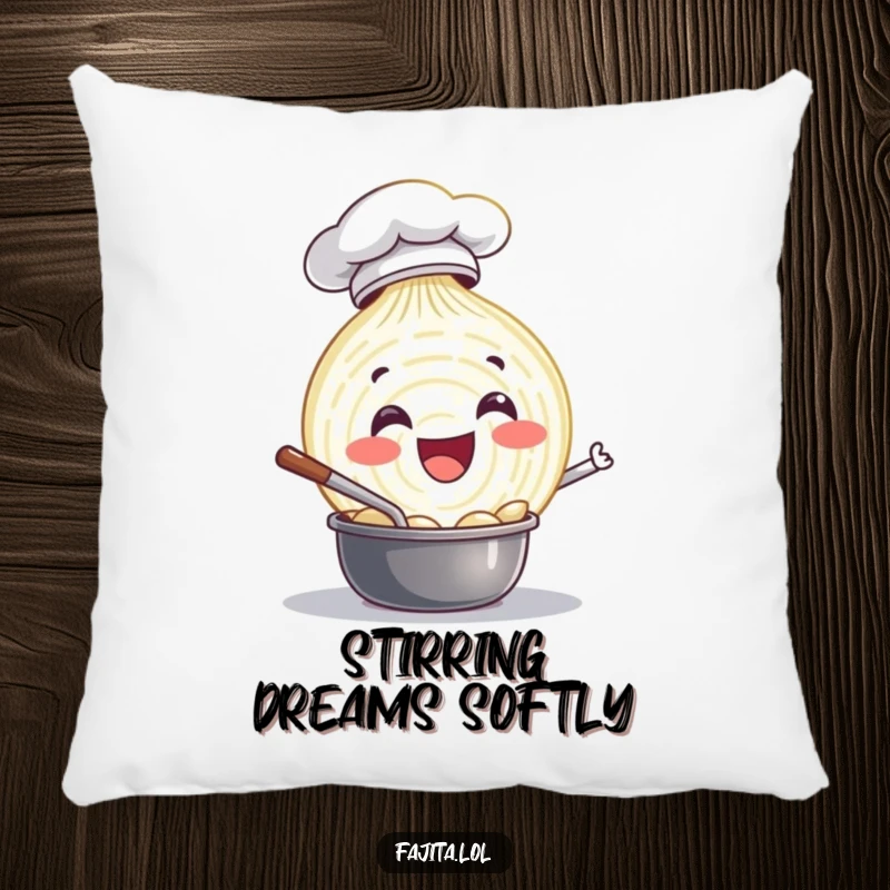 Funny pillow featuring a delighted onion slice chef happily stirring a pot, adding a touch of cozy and whimsical kitchen charm.