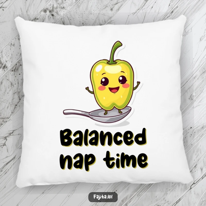 Funny Pillow featuring a smiling pepper slice character balancing on a tiny spoon, offering comfort and a dash of spicy humor.