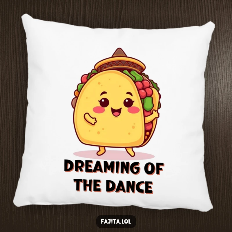 Funny taco pillow featuring a smiling taco shell in a sombrero doing a jig, perfect for adding humorous comfort to any couch or bed.