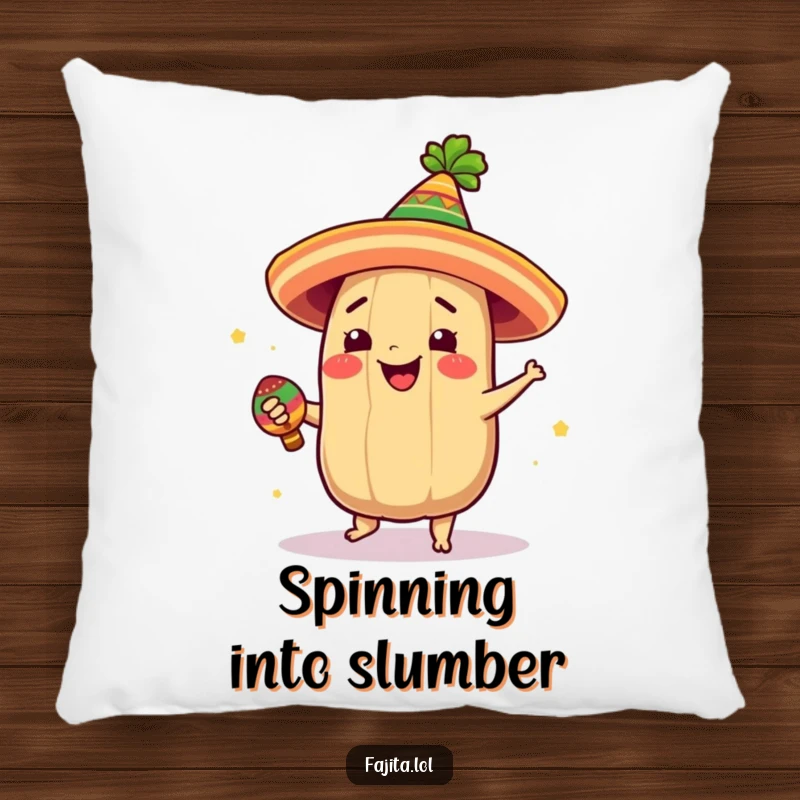 Funny pillow featuring a giddy tamale in a festive hat, caught mid-spin with a maraca for a joyful feel.