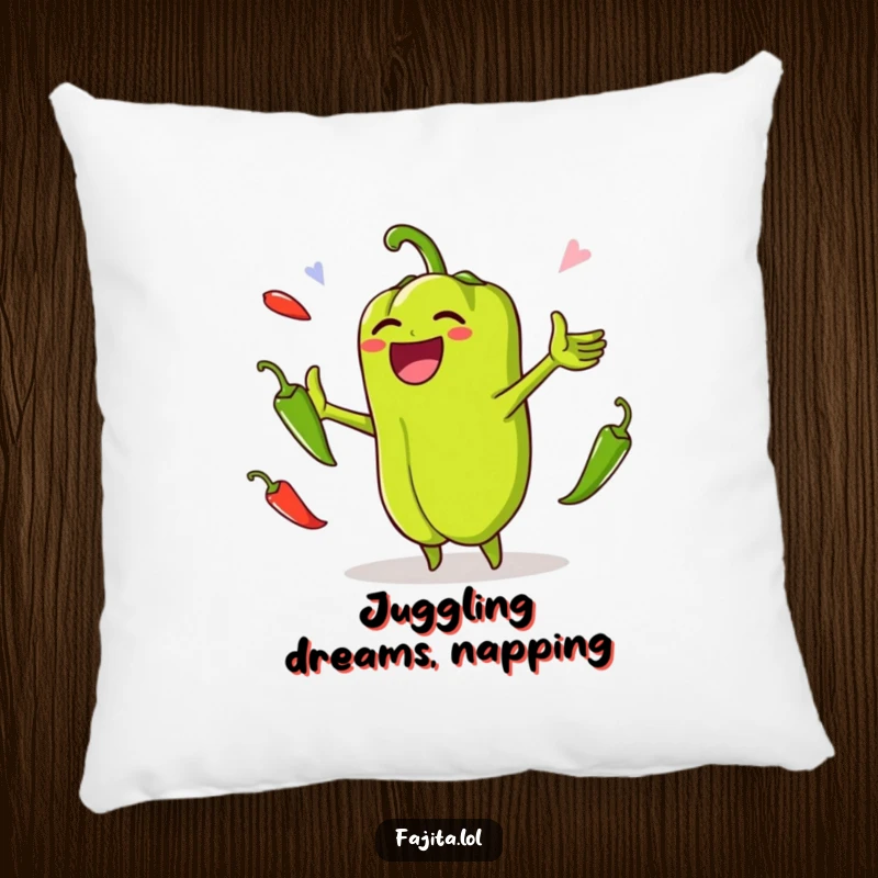 Funny pillow featuring a laughing bell pepper juggling jalapenos, adding a touch of cozy and whimsical veggie fun.
