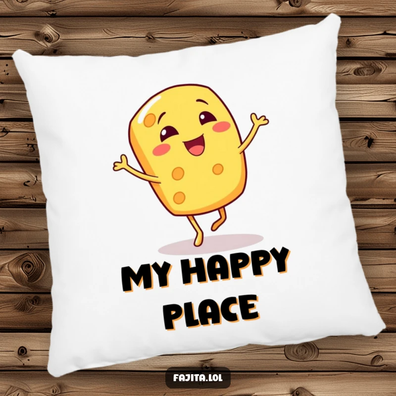 Funny pillow featuring a cheerful cheese shred character in a full bouncy jig, offering cozy, humorous comfort.