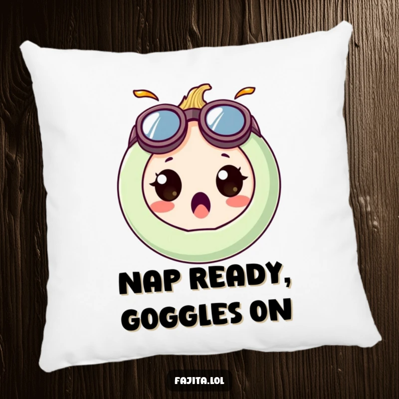 Funny pillow featuring a surprised onion ring character in oversized, goofy goggles, offering soft and humorous comfort.