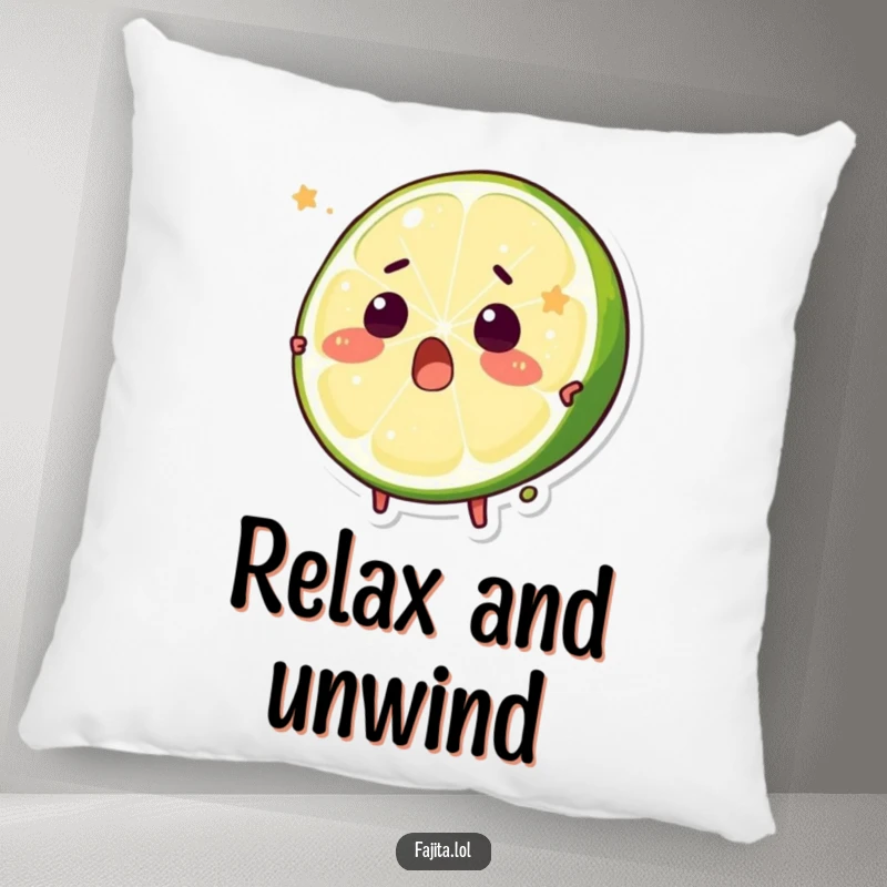 Funny pillow showcasing a surprised lime wedge character comically being squeezed, offering humorous comfort.