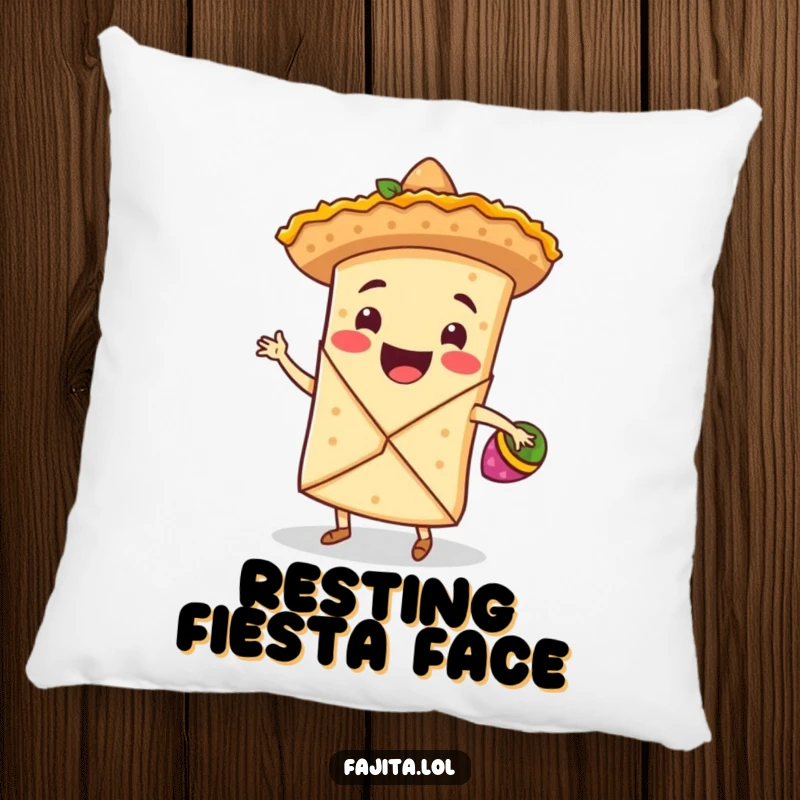 Funny pillow showcasing a smiling fajita wrap in a tiny sombrero, dancing with maracas, offering soft, humorous comfort.