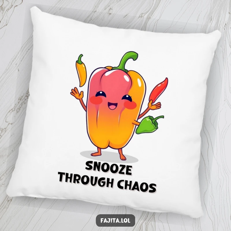 Funny Bell Pepper Pillow: A bell pepper character juggling colorful chili peppers, offering plush comfort and humorous appeal.