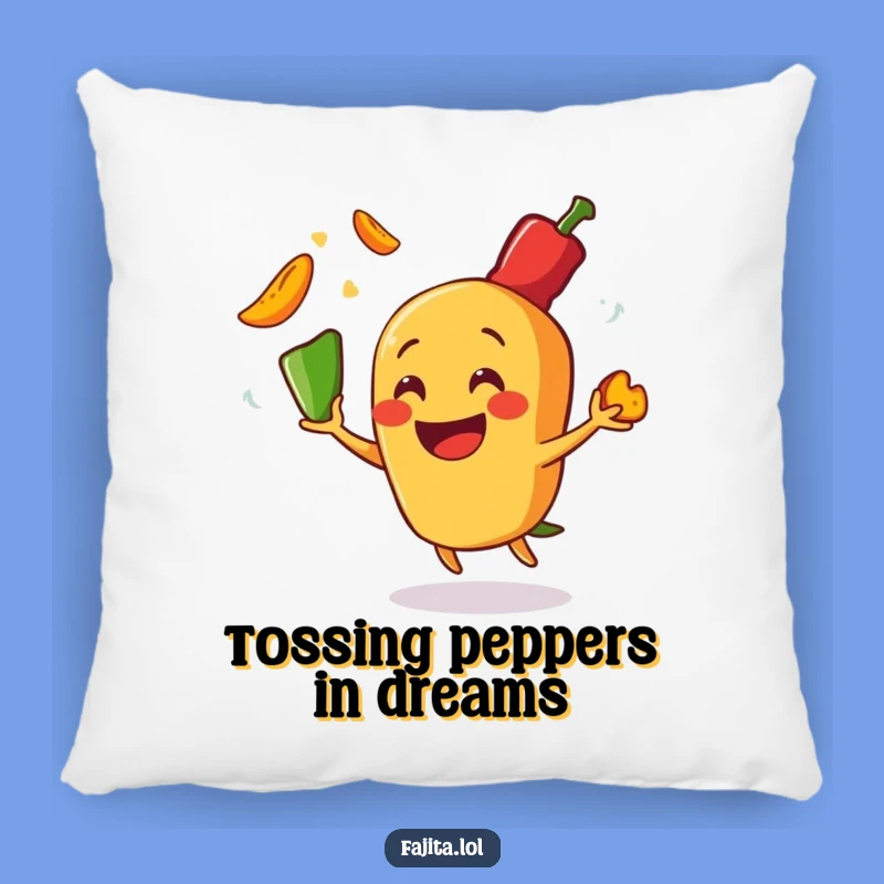 Get cozy with this funny pillow showcasing a fajita juggling peppers! It adds a playful and humorous touch to any couch or bed.