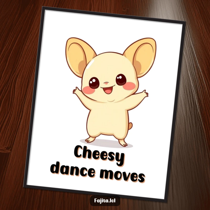 Funny quesadilla digital art print of a smiling quesadilla with wide eyes doing a silly dance, for instant cheesy wall decor.