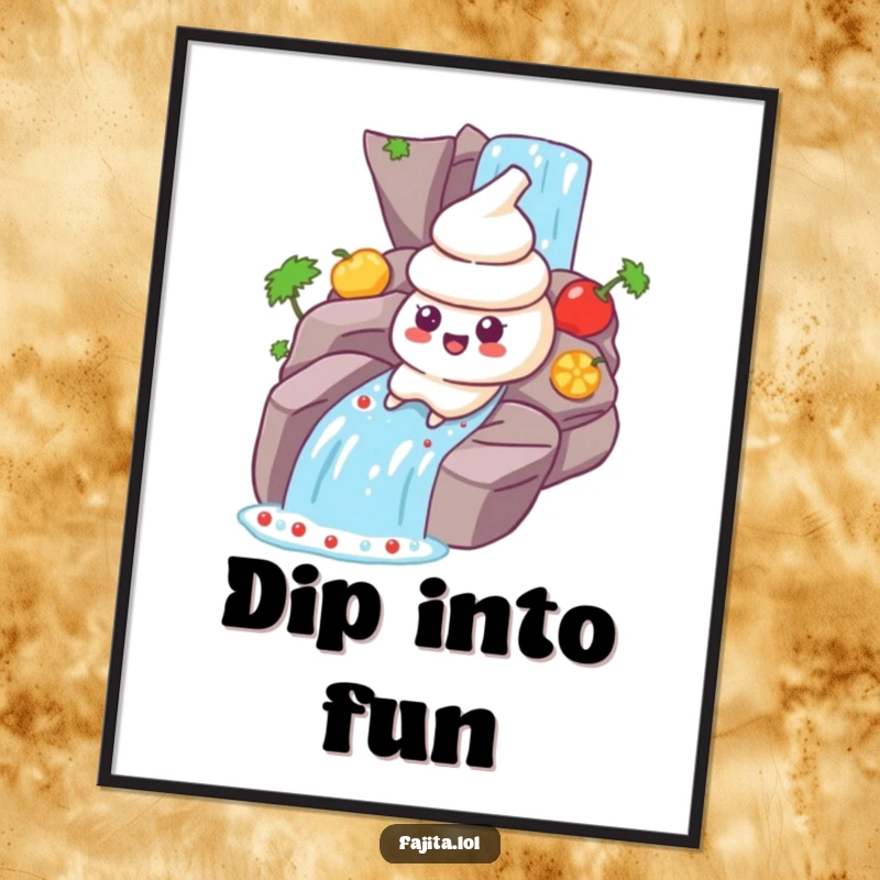 Funny Sour Cream Digital Art: A sour cream dollop character sliding gleefully down a salsa waterfall, ready to add fun.