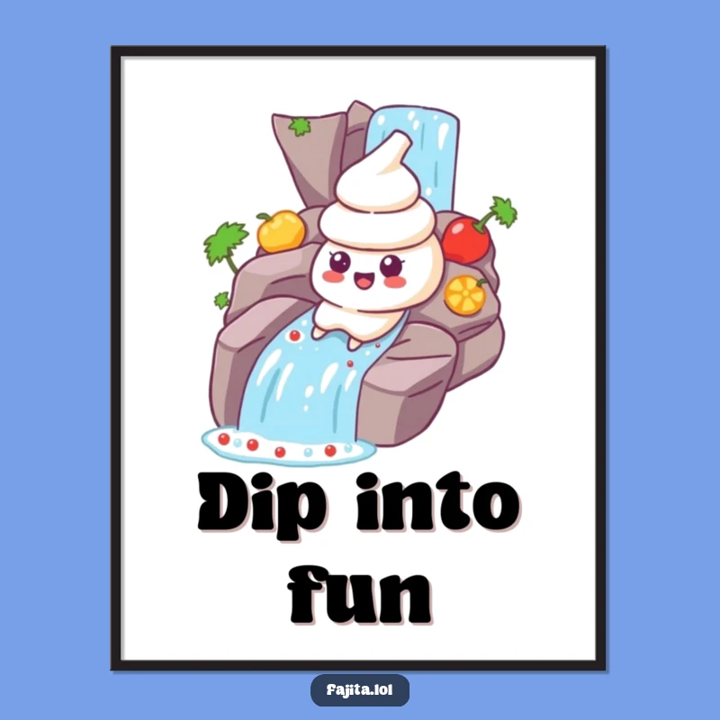 Add instant flavor and fun to your walls with this funny digital art print of a sour cream character’s salsa slide! Perfect for kitchens.
